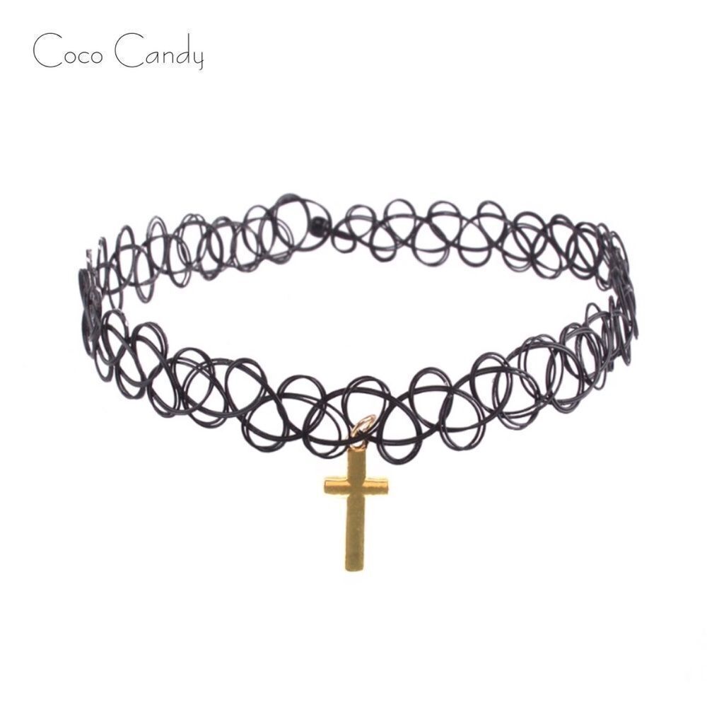🆕Gold Cross Pendant Black Stretch Choker Necklace